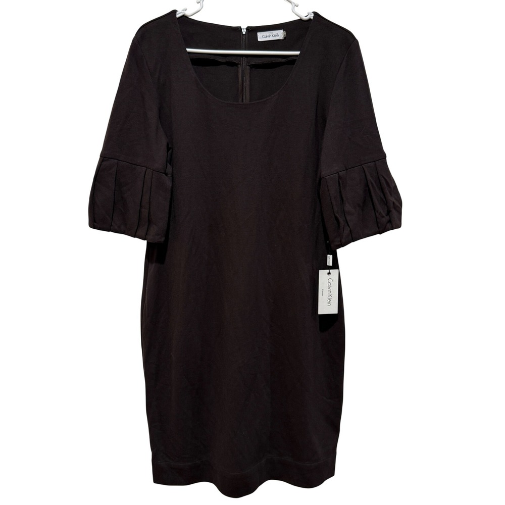 Calvin Klein Chocolate Brown Ponte Knit Pleated Half Sleeve Dress 12 Career NWT
